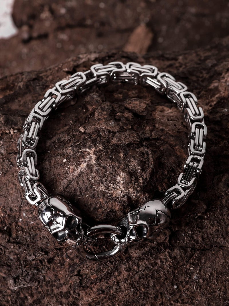 HAQUIL Skull Bracelet, Stainless Steel Byzantine King Chain Skull Linked Bracelet, Skull Jewelry Gift for Men - Image 4